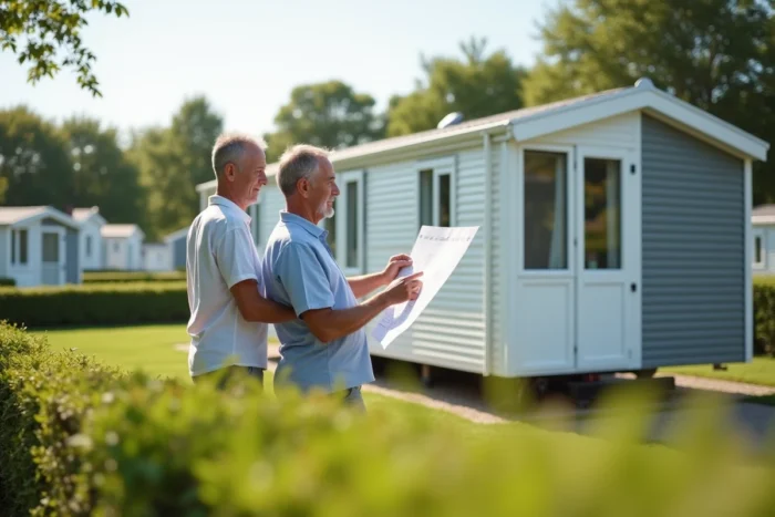 Couple examinant un plan de parcelle pour mobil-home dans un parc résidentiel en Vendée