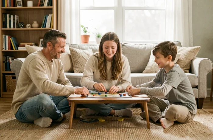 Père et enfants jouant à un jeu de société dans le salon, activité familiale conviviale en semaine