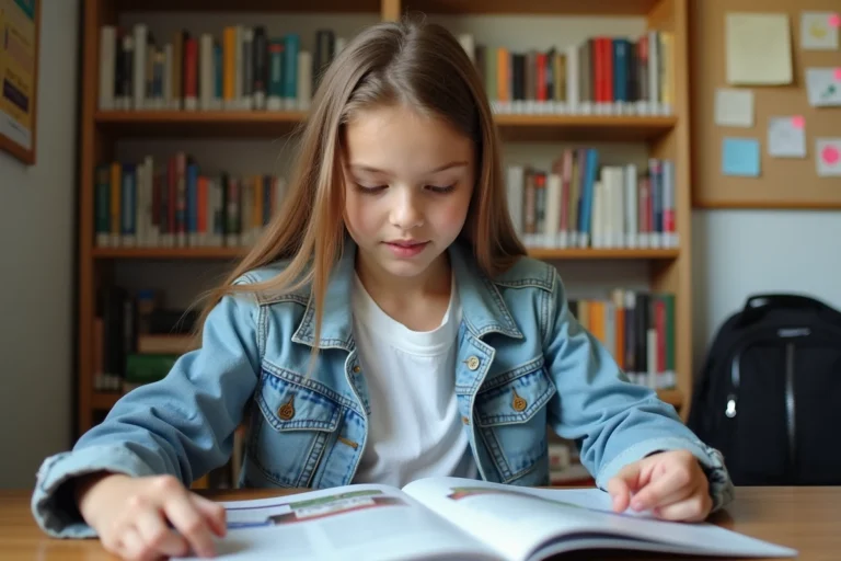Adolescente consultant le catalogue Leclerc rentrée scolaire 2026 à son bureau