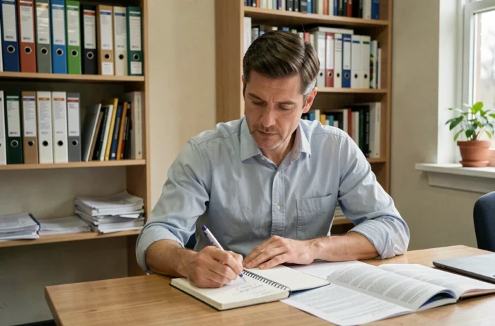 Homme AESH étudiant des documents de formation professionnelle à son bureau, représentant la montée en compétences et les perspectives de reconversion