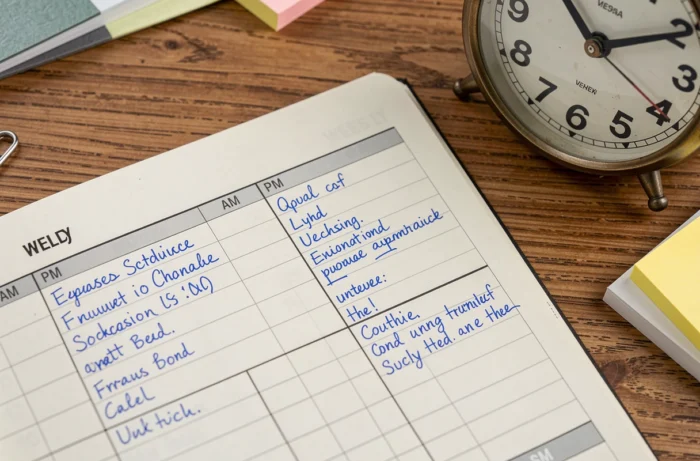 Agenda ouvert en anglais avec colonnes AM et PM annotées à la main sur un bureau en bois avec une horloge vintage affichant midi, pour expliquer la distinction entre AM et PM