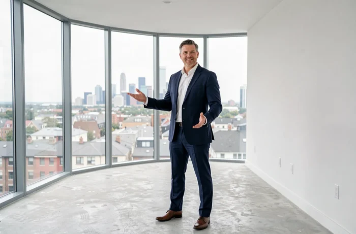 Agent immobilier présentant un appartement vide avec vue panoramique sur la ville