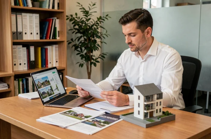 Agent immobilier masculin travaillant sur des dossiers de vente dans un bureau professionnel
