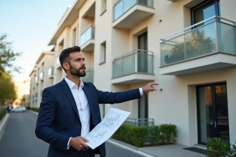 Agent immobilier devant un immeuble neuf éligible à la défiscalisation en zone de Robien