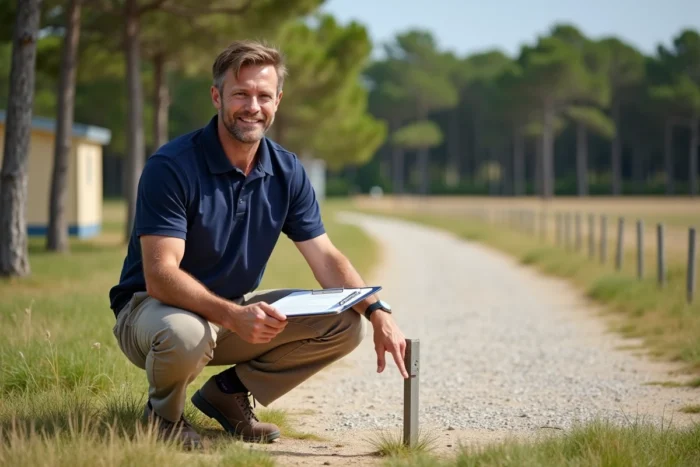 Agent immobilier présentant les limites d'une parcelle vide pour mobil-home en Vendée
