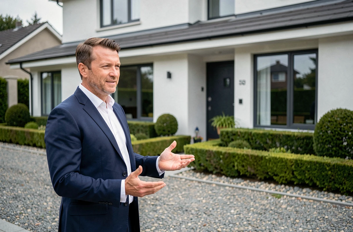 Agent immobilier présentant une maison individuelle moderne à vendre depuis l'allée extérieure