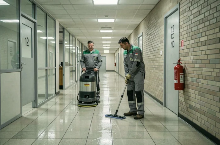 Deux agents de nettoyage utilisant une autolaveuse dans le couloir d'un bâtiment commercial belge