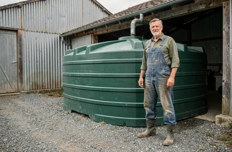 Agriculteur debout à côté d'une cuve de récupération d'eau de pluie verte installée près d'une grange en milieu agricole rural