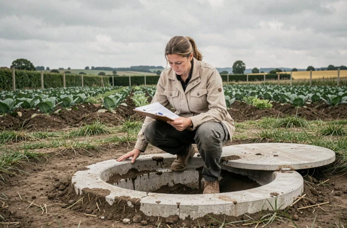 Agronome inspectant une citerne enterrée de collecte d'eau de pluie dans un champ agricole avec des cultures maraîchères