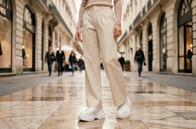 Femme portant des baskets compensées de luxe blanches avec un pantalon large crème dans un quartier chic parisien