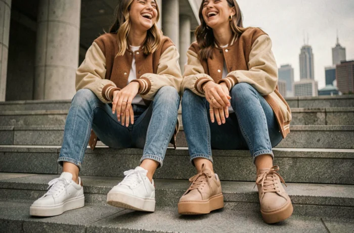 Deux jeunes femmes assises sur des marches urbaines portant des baskets compensées de luxe Serafini en blanc et taupe avec des tenues streetwear