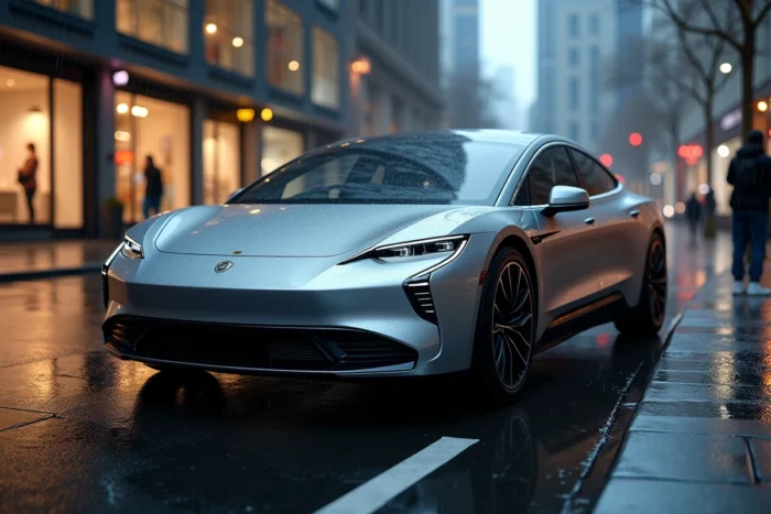 Berline électrique 2024 aux lignes aérodynamiques garée sur une rue urbaine mouillée, reflet de la ville sur la carrosserie argentée