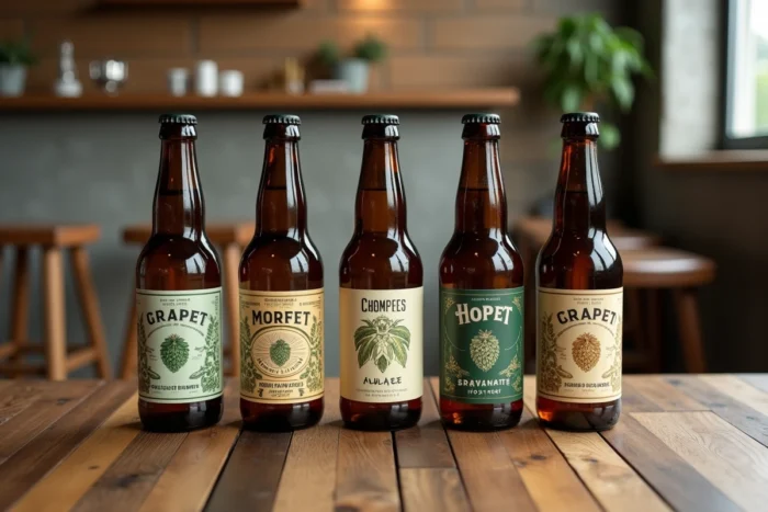 Rangée de bouteilles de bière artisanale avec étiquettes autocollantes colorées sur une table en bois dans un bar à bières