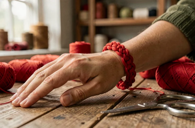 Bracelet 7 nœuds rouge fait main porté au poignet d'une femme sur une table en bois avec des bobines de fil rouge