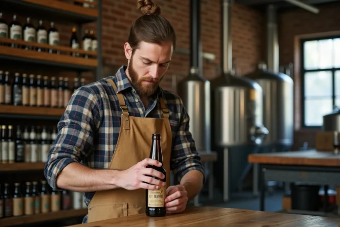 Brasseur artisanal appliquant une étiquette autocollante personnalisée sur une bouteille de bière craft dans une brasserie rustique