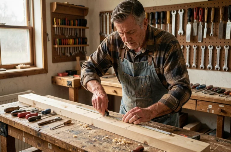 Homme bricoleur mesurant une planche en bois dans un atelier de garage bien équipé