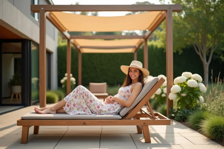 Femme se protégeant du soleil sous une pergola en bois dans un jardin fleuri, appliquant de la crème solaire sur un transat