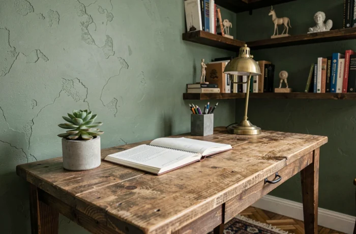 Coin bureau à domicile avec bureau en bois, plante succulente, lampe laiton vintage et étagères décoratives en vert sauge