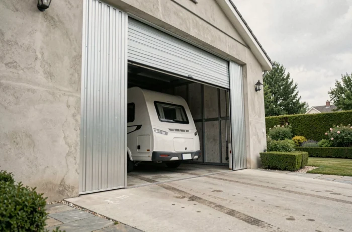 Camping-car blanc entrant dans un grand garage résidentiel avec porte sectionnelle relevable ouverte