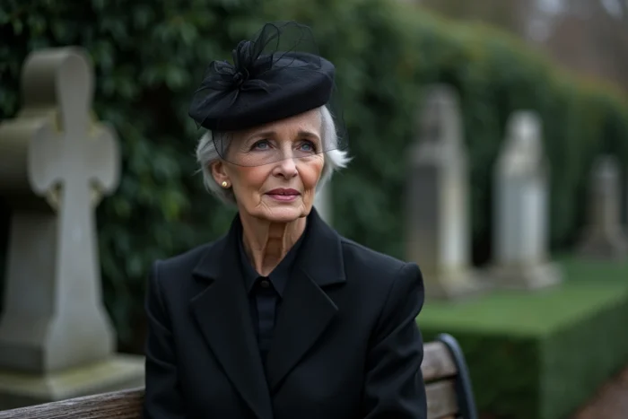 Femme âgée portant un chapeau bibi avec voilette noire lors de funérailles dans un cimetière