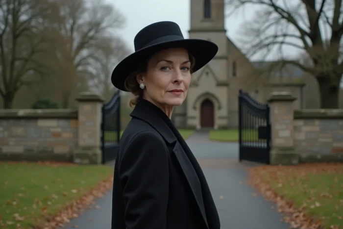Femme élégante portant un chapeau noir à large bord lors d'un enterrement devant une église en pierre