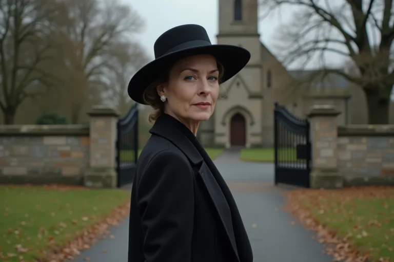 Femme élégante portant un chapeau noir à large bord lors d'un enterrement devant une église en pierre