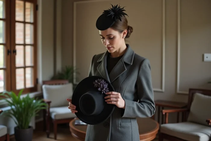 Jeune femme choisissant un chapeau asymétrique pour un enterrement dans un salon funéraire contemporain