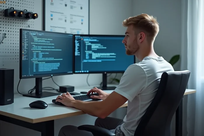Jeune homme gérant un client torrent et des paramètres de confidentialité réseau sur un double écran dans un studio minimaliste