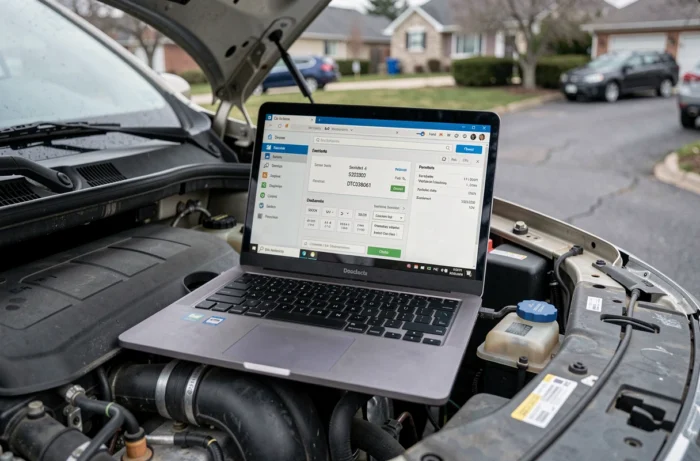 Écran d'ordinateur affichant le code défaut DTC038061 sur un logiciel de diagnostic automobile posé sur le moteur d'une Dacia Duster