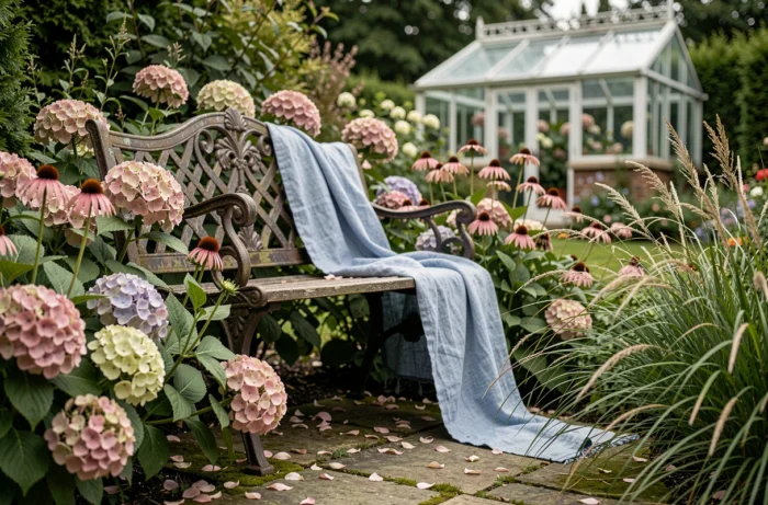 Coin de jardin privé avec banc en fonte vintage entouré d'hortensias et de fleurs sauvages en pleine floraison sur un chemin de pierres moussu
