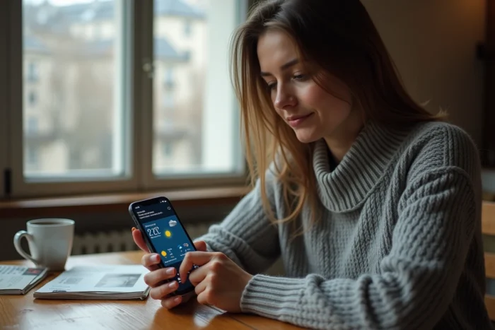 Femme comparant les prévisions météo de Météo France et La Chaîne Météo sur son smartphone