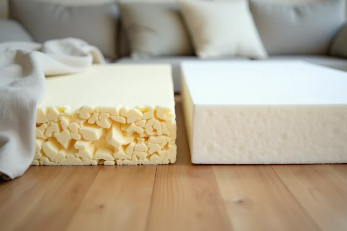 Comparaison entre ancienne mousse effondrée et nouvelle mousse de remplacement pour canapé Poltronesofa