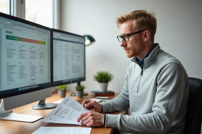 Professionnel en télétravail comparant des outils de gestion des compétences sur double écran dans un bureau à domicile