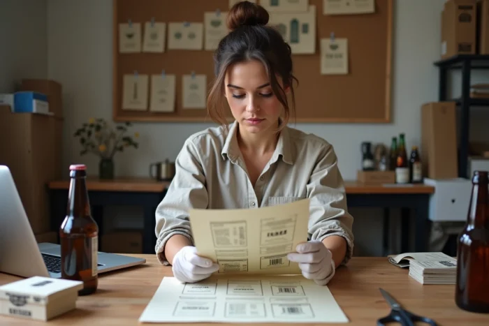 Femme brasseure inspectant des planches d'étiquettes autocollantes imprimées pour bouteilles de bière artisanale dans un atelier de brasserie