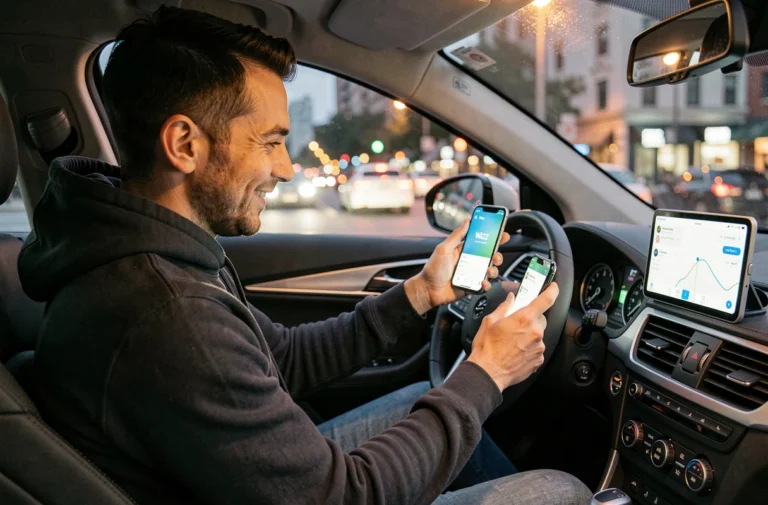 Conducteur souriant utilisant l'application Waze avec une voix Star Wars sur son smartphone monté dans sa voiture