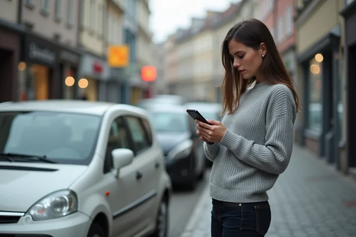 Conductrice inquiète consultant son téléphone après l'apparition du message injection à contrôler sur sa Clio 5 en stationnement urbain