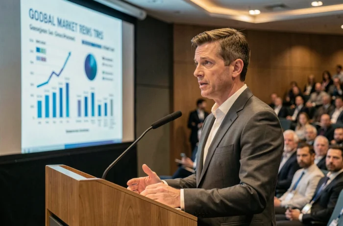 Chef d'entreprise prenant la parole lors d'une conférence professionnelle sur les tendances du monde des affaires en 2024