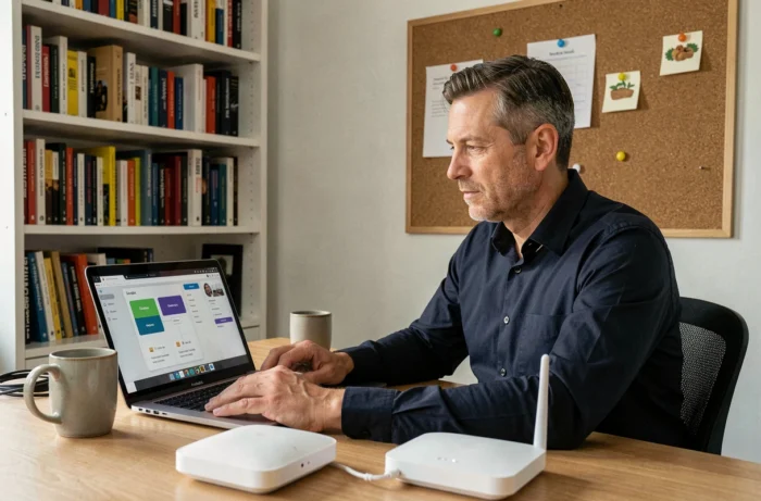 Homme configurant Google Home et Freebox Pop depuis son bureau à domicile avec un ordinateur portable