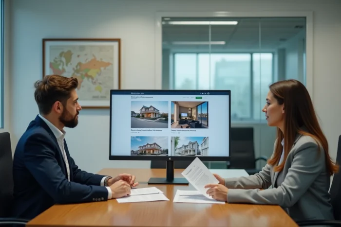 Couple de propriétaires en rendez-vous avec un conseiller en gestion locative dans une agence immobilière