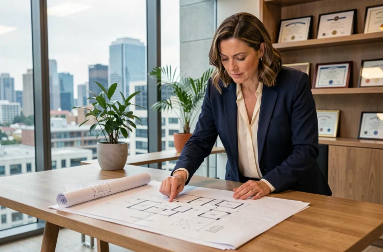 Conseillère immobilière experte analysant des plans architecturaux dans un bureau professionnel moderne