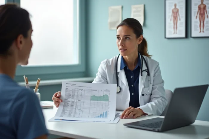 Médecin expliquant à son patient un graphique de glycémie nocturne lors d'une consultation sur le diabète et les sueurs nocturnes