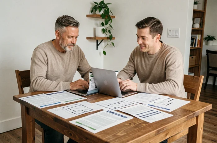 Couple étudiant des offres immobilières avec plans et ordinateur portable sur une table en bois