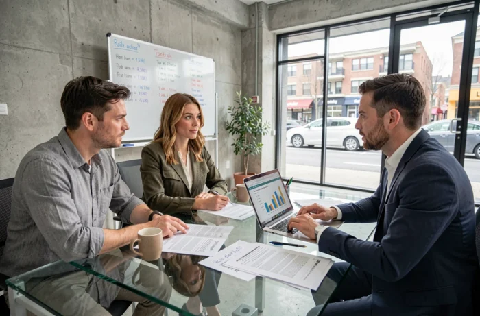 Couple discutant de stratégie d'investissement immobilier avec un conseiller financier expert