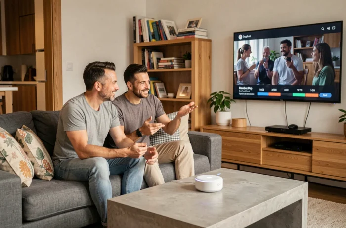 Couple utilisant Google Home Hub connecté à une Freebox Pop dans leur salon pour contrôler la maison connectée