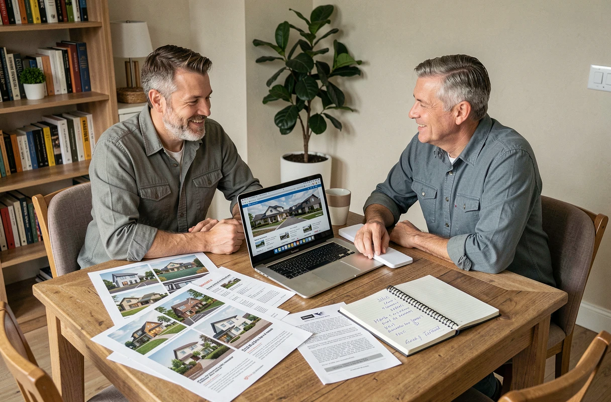 Couple étudiant des documents et annonces immobilières autour d'une table, en train de planifier leur projet d'achat immobilier
