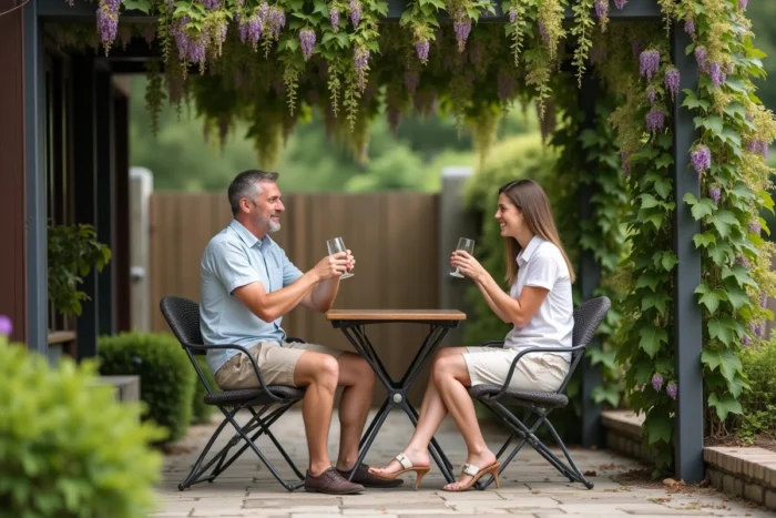 Couple profitant de l'ombre d'une pergola métallique couverte de glycine dans un jardin d'été, autour d'une table bistrot