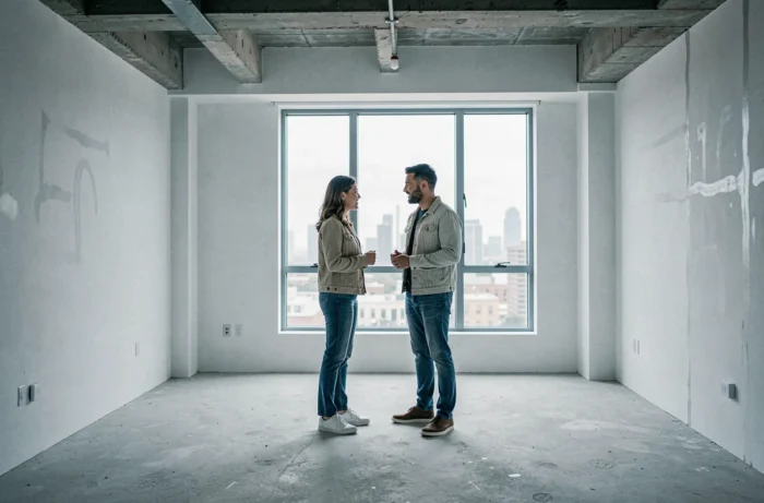 Couple visitant un appartement vide en cours de rénovation avec vue sur la ville