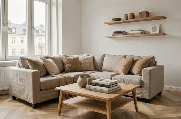 Salon scandinave épuré avec canapé en lin, table basse en bois et étagère minimaliste décorée avec goût