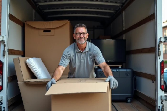 Déménageur professionnel organisant des meubles et cartons dans un camion de 4m3 pour optimiser le volume