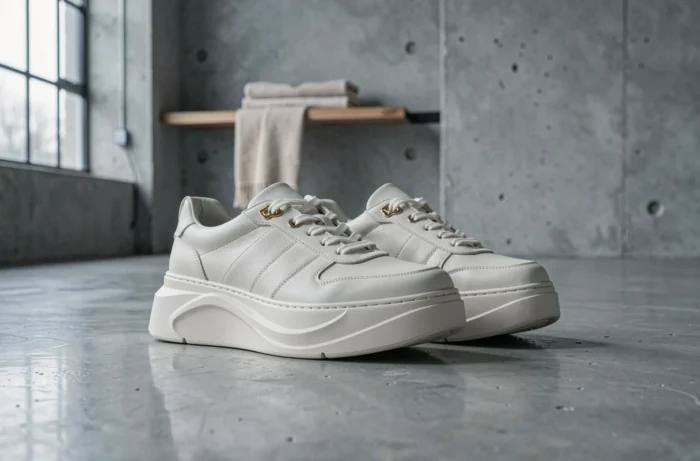 Gros plan sur des baskets compensées Serafini en cuir blanc avec semelle épaisse sur béton brut dans un studio minimaliste